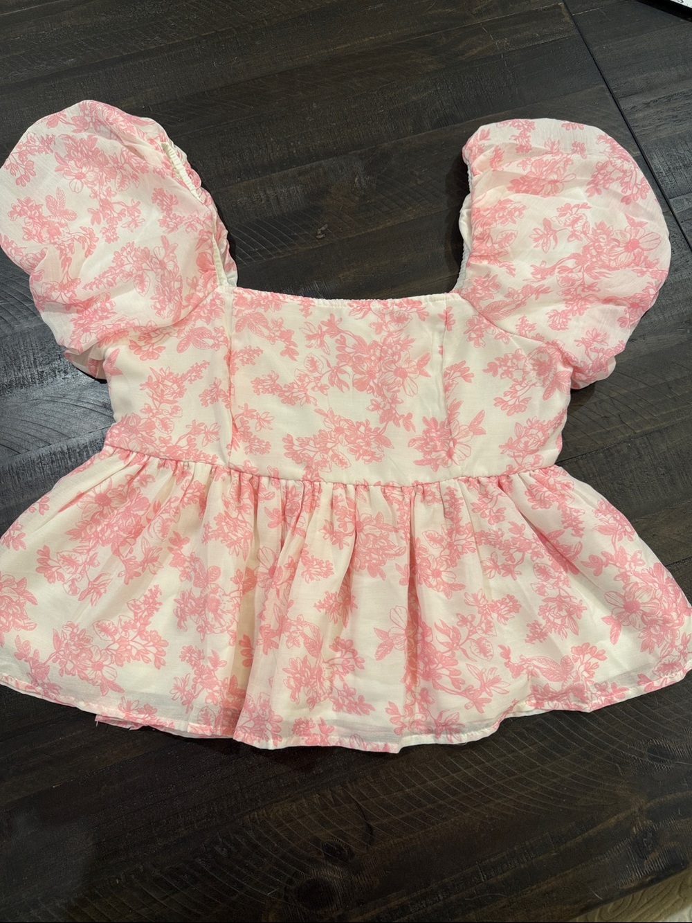 Japna Pink Floral Puff-Sleeve Peplum Top Size Large
